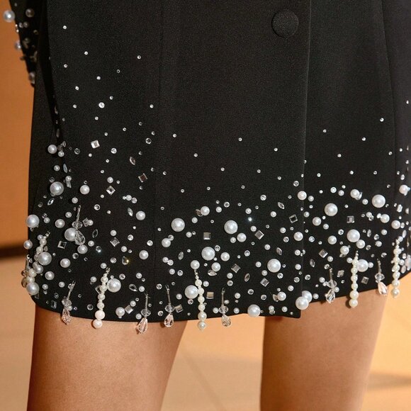 Black Elegant Women's Crystal & Faux Pearl Embellished Mini Dress - Picture 8 of 8